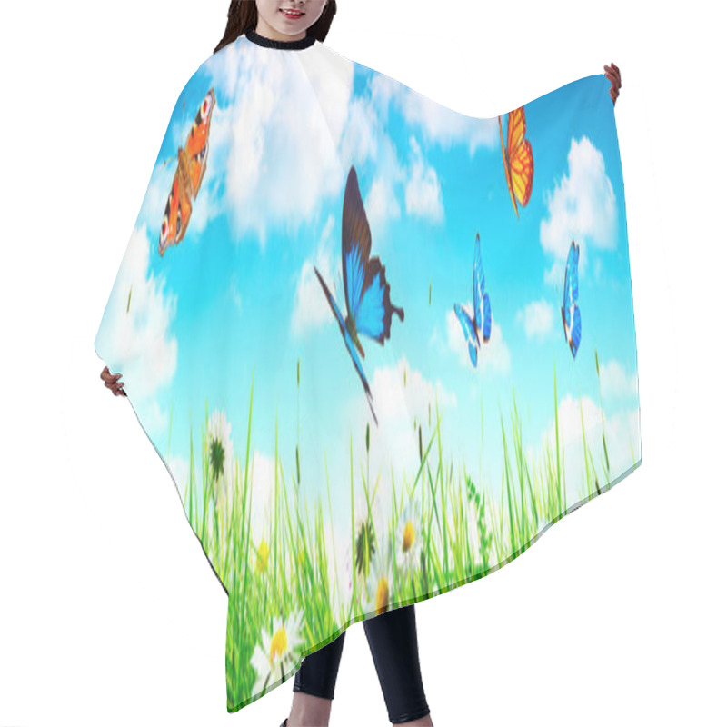 Personality  Flying Butterfly In Spring Morning. Panoramic View. Hair Cutting Cape