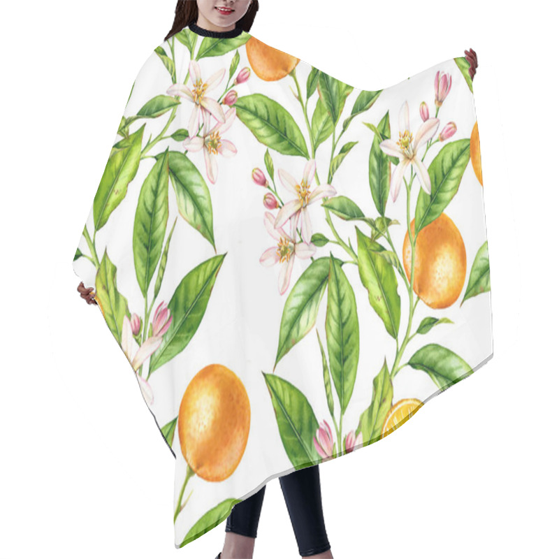 Personality  Orange Fruit Seamless Pattern Tree Branch With Flowers Realistic Botanical Floral Surface Design: Whole Half Citrus Leaves Isolated On White Hand Drawn For Textile Wallpaper Hair Cutting Cape