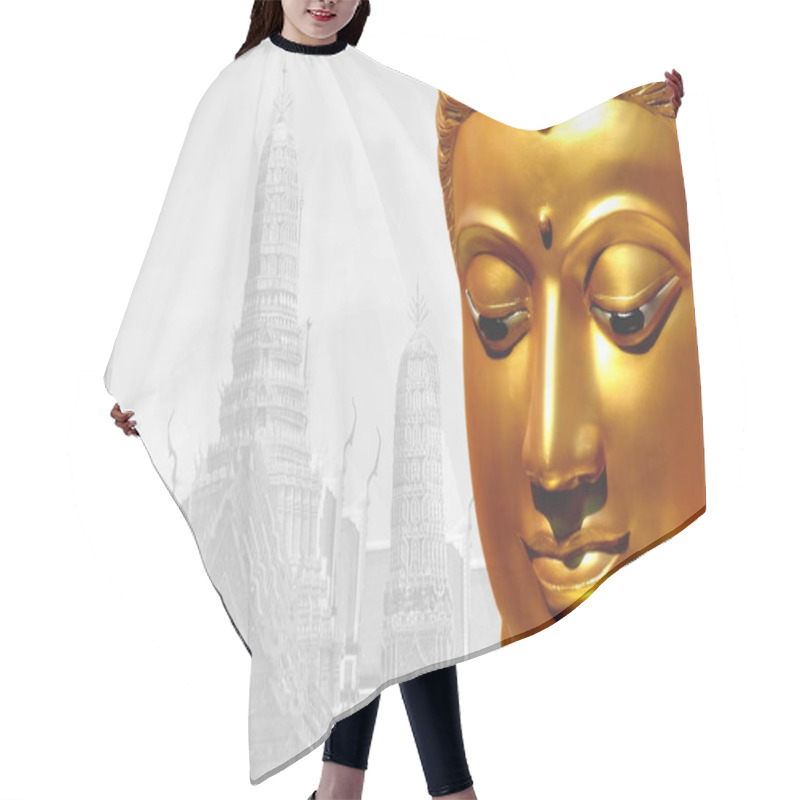 Personality  The Golden Face Of The Old Buddha Statue With Temple Backdrop. Hair Cutting Cape