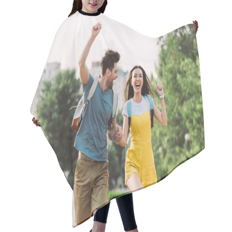 Personality  Handsome Man And Asian Woman Running And Showing Yes Gesture  Hair Cutting Cape