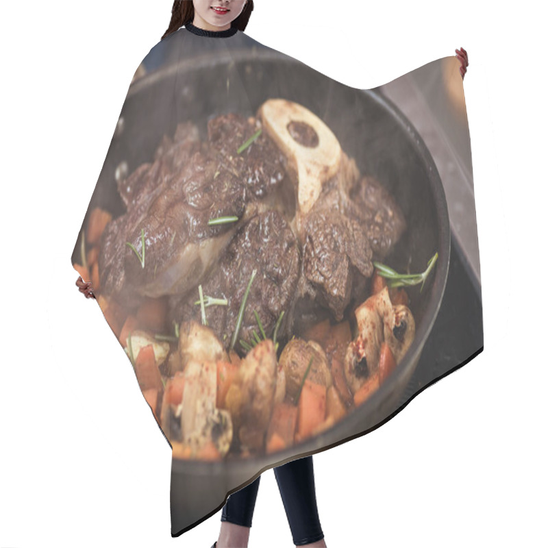 Personality  Appetizing Vegetables Stew And Meat On Frying Pan Hair Cutting Cape