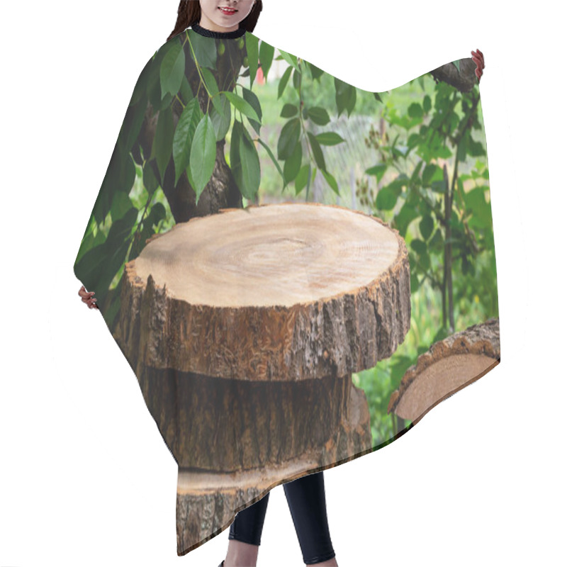 Personality  Firewood Chopped Into Rings Under Cherry Branches. A Podium For Products. Preparation For The Winter. Natural Resources. Advertise Your Product Hair Cutting Cape