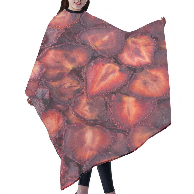 Personality  Dried Strawberry Slices (chips) Background. Dehydrated Fruit Slices, Pieces. Heap Of Sun-dried Strawberries. Healthy Meal. Close Up. Top View, View From Above, Flat Lay. Isolated. Nobody. Hair Cutting Cape