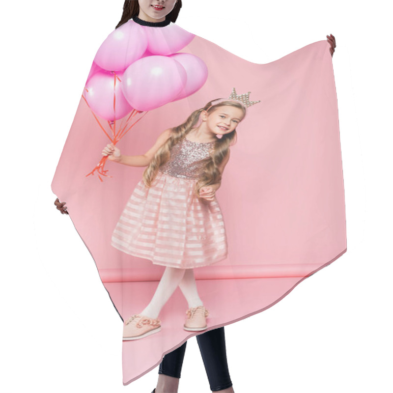 Personality  Full Length Of Cheerful Little Girl In Dress And Crown Holding Balloons On Pink  Hair Cutting Cape