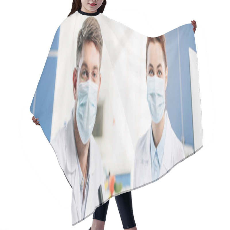 Personality  Panoramic Shot Of Molecular Nutritionists In Medical Masks Looking At Camera  Hair Cutting Cape