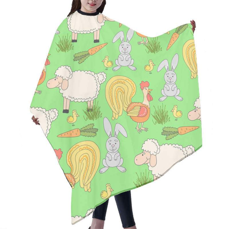 Personality  Seamless Pattern With Hand Drawn Farm Animal And Meat, Sheep, Carrot, Rabbit, Rooster, Chicken, Grass. Farm Funny Pattern. Animal Background.  Hair Cutting Cape