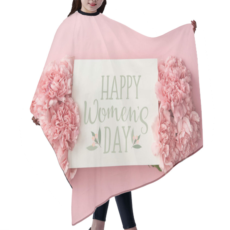 Personality  Top View Of Greeting Card With Happy Womens Day Lettering And Pink Carnations On Pink Background Hair Cutting Cape