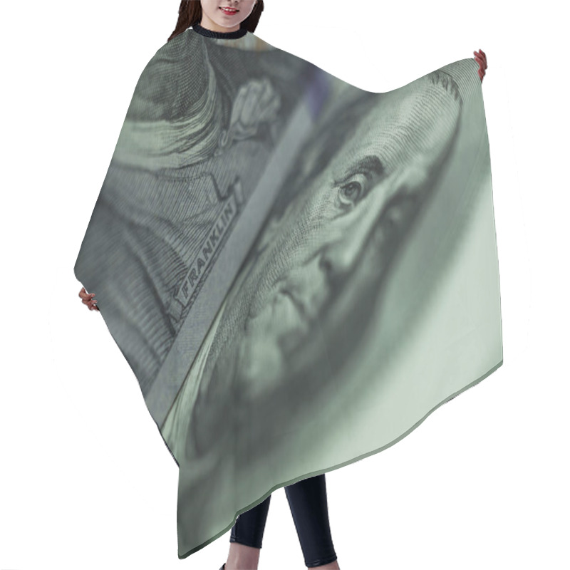 Personality  Close Up Franklin's Face  On A One Hundred Dollar. American, US Dollars Cash Money Background. Hair Cutting Cape