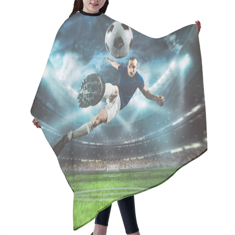 Personality  Soccer Striker Hits The Ball With An Acrobatic Kick In The Air At The Stadium At Night Match Hair Cutting Cape