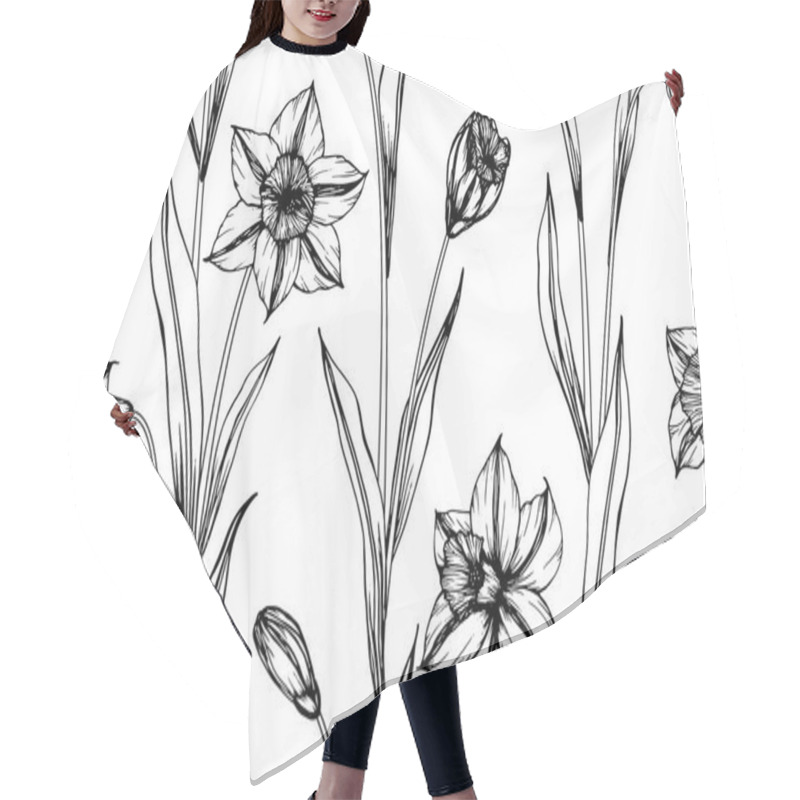 Personality  Seamless Daffodil Flower Pattern Background. Black And White With Drawing Line Art Illustration. Hair Cutting Cape