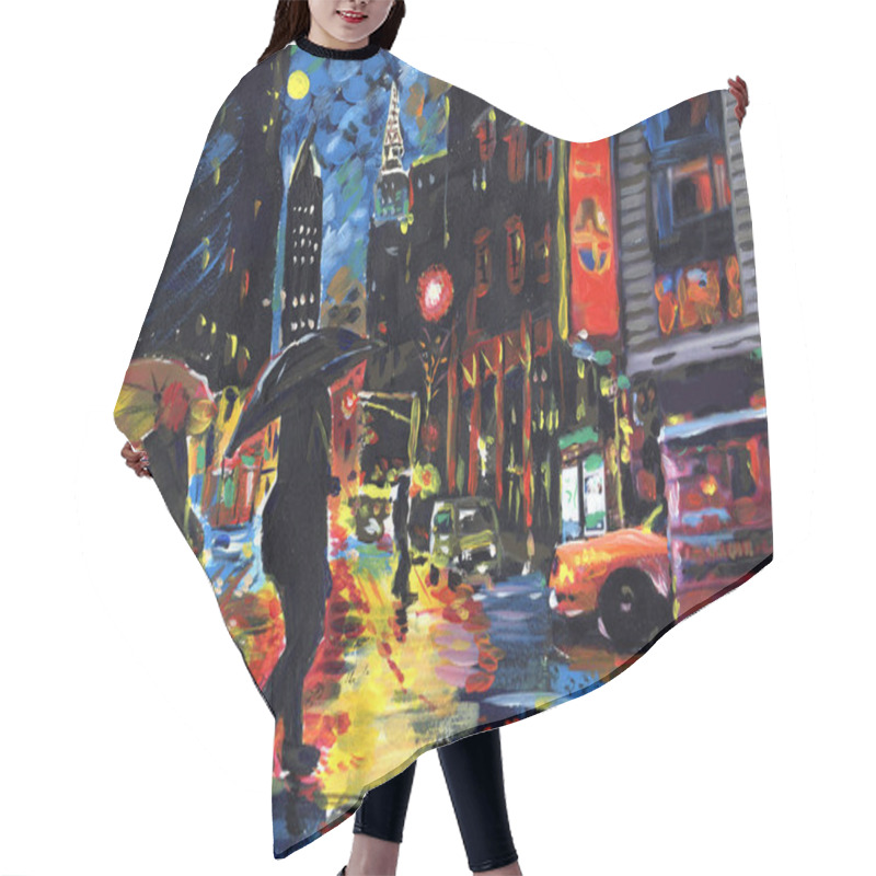 Personality  Acrylic Drawing Of The Night City. People Rush Home, It Rains Ou Hair Cutting Cape