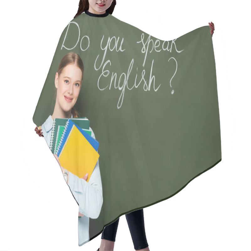 Personality  Smiling Girl With Copybooks And Backpack Standing Near Chalkboard With Do You Speak English Lettering Hair Cutting Cape