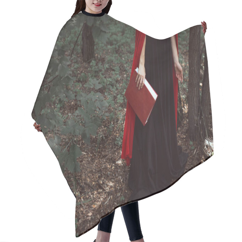 Personality  Cropped View Of Elegant Girl In Red Cloak With Magic Book In Forest Hair Cutting Cape