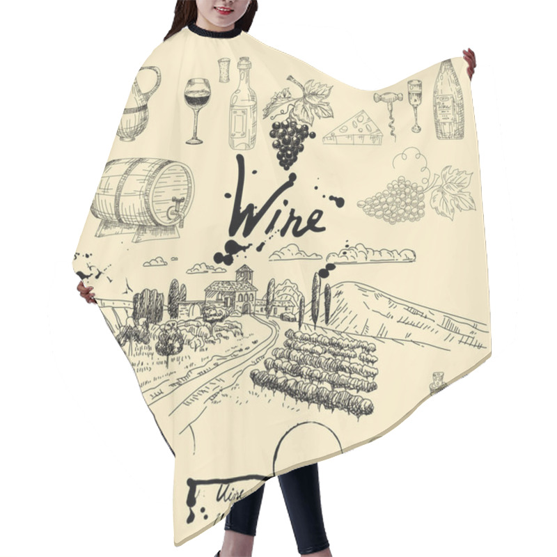 Personality  Set Wine Products And Vineyard Hand Drawn Scetch. Grapes, Wooden Barrel, Bottles,chees, Glass, Corkscrew Vintage Style Unreadable Text. Vector Illustration Hair Cutting Cape