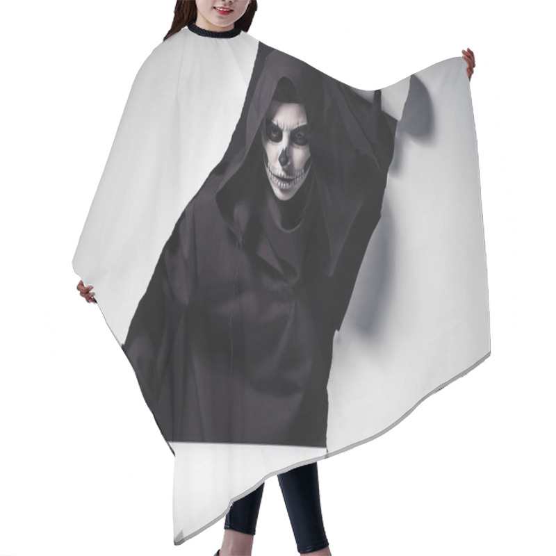 Personality  Woman In Death Costume Getting Out Of Hole In Paper Hair Cutting Cape