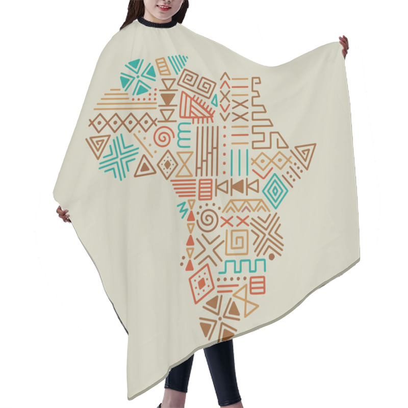 Personality  Africa Continent Map Shape Illustration Concept Made Of Traditional African Culture Decoration And Colorful Tribal Art Symbol On Isolated Background. Hair Cutting Cape