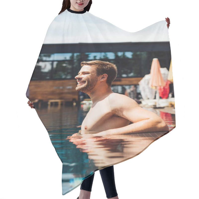 Personality  Happy Shirtless Young Man In Swimming Pool In Sunny Day Hair Cutting Cape