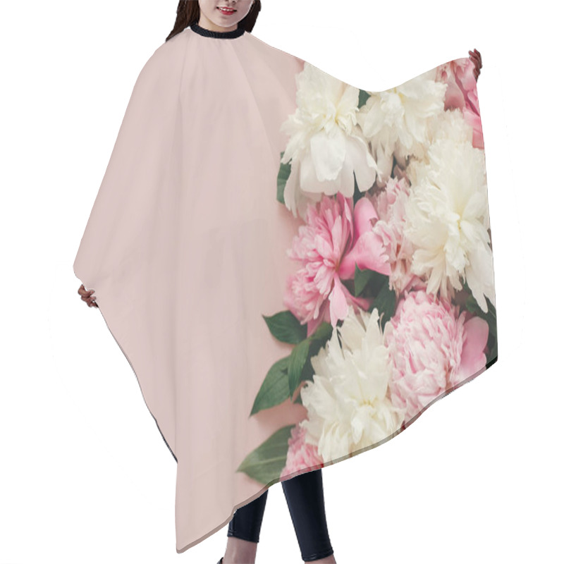 Personality  Stylish Peonies Flat Lay. Pink And White Peonies On Pastel Pink Paper With Space For Text. Hello Spring. Happy Mothers Day, Floral Greeting Card Mockup. International Womens Day. Hair Cutting Cape