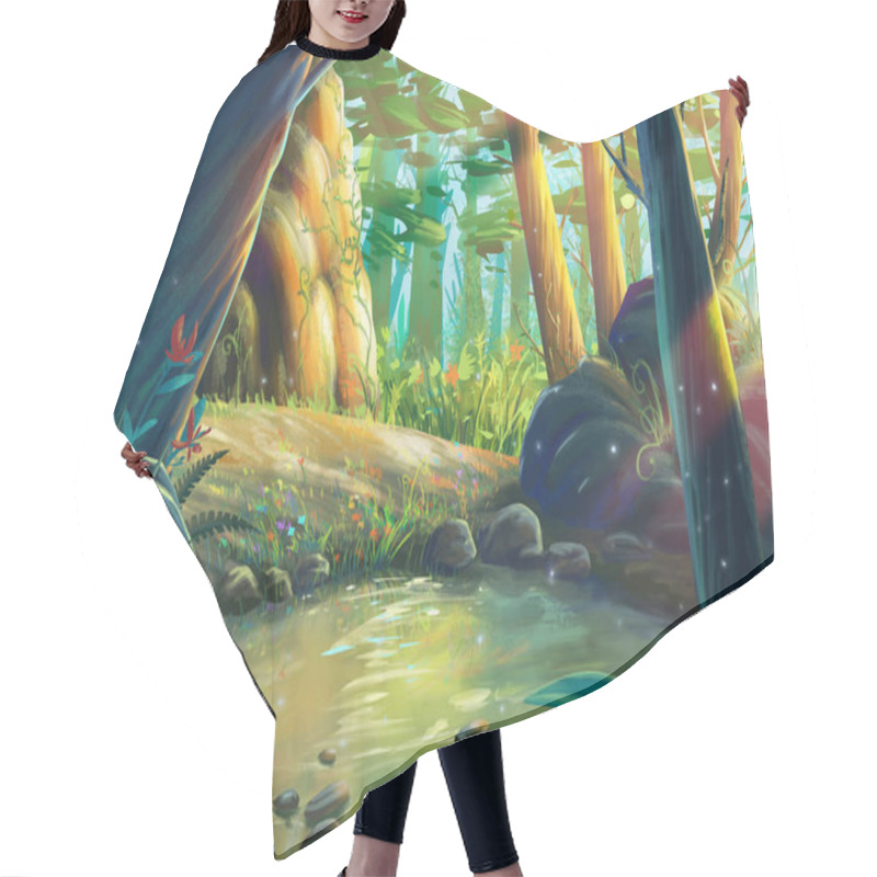 Personality  The Fantasy Forest Moring By The Riverside With Fantastic, Realistic And Futuristic Style. Video Game's Digital CG Artwork, Concept Illustration, Realistic Cartoon Style Scene Design Hair Cutting Cape