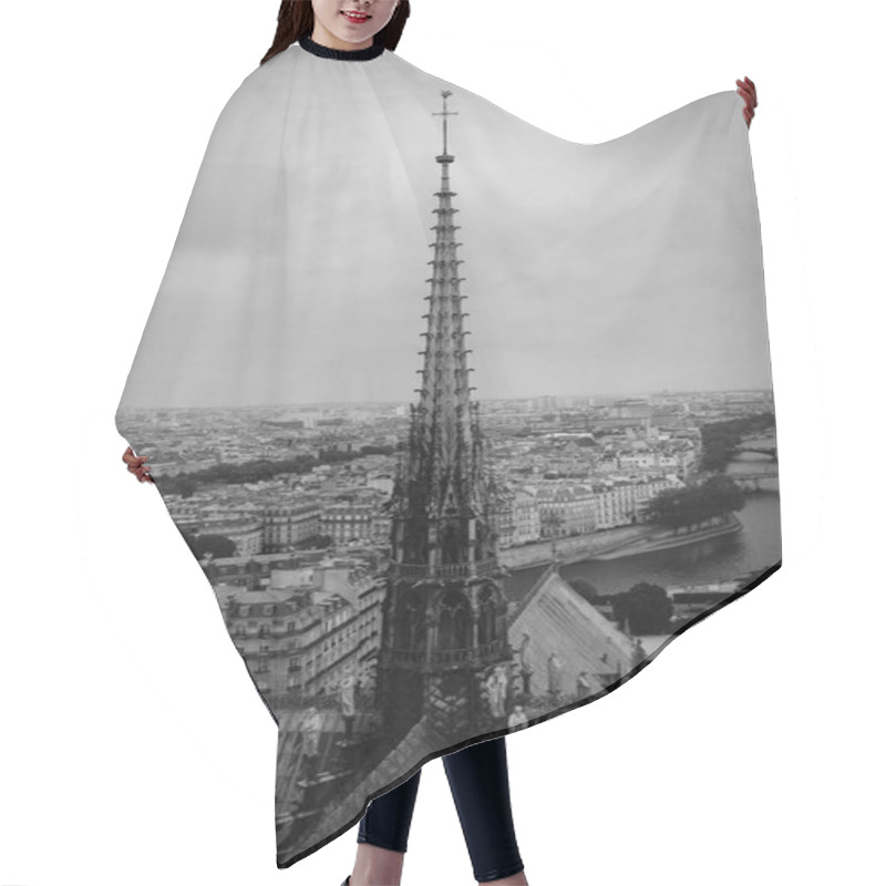 Personality  The Spire Of Notre Dame De Paris, Panoramic View Of Paris And River Seine From The Roof Of Notre Dame Cathedral, France. Cloudy Weather. Hair Cutting Cape