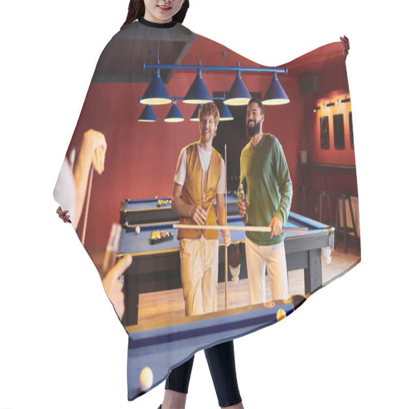 Personality  Friends Play Billiards In A Dimly Lit Room, Enjoying A Relaxed Evening Together. Hair Cutting Cape