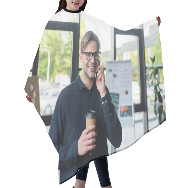 Personality  Smiling Programmer With Coffee Talking On Smartphone In Office  Hair Cutting Cape