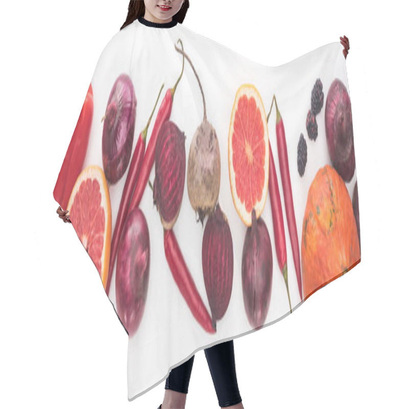 Personality  Panoramic Shot Of Onions, Beetroots, Grapefruits, Peppers, Pumpkin And Berries On White Background Hair Cutting Cape