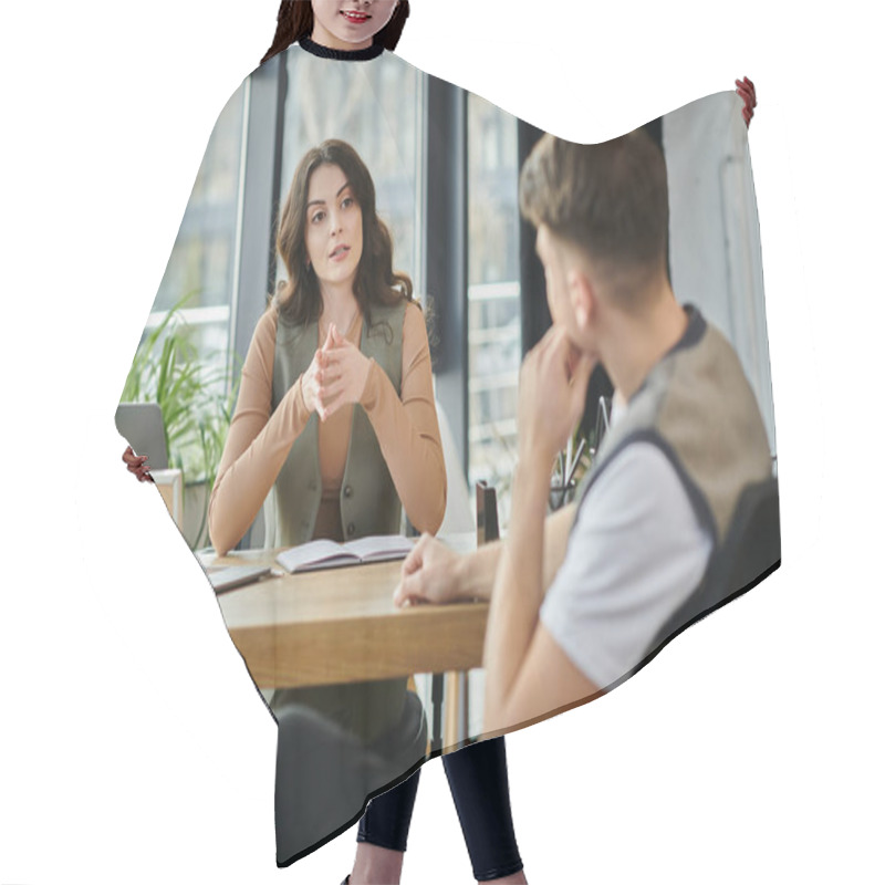 Personality  Colleagues Discuss The Sensitive Layoff Process In A Modern Office Setting. Hair Cutting Cape