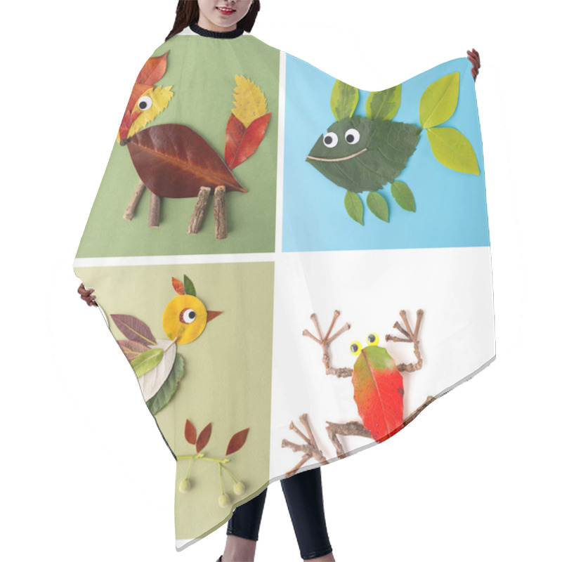 Personality  Collage Of Four Squares Showcasing Figures Crafted From Natural Materials Like Leaves And Twigs. Fox, Frog, Bird, Fish Crafted From Leaves. Autumn Project For Kids Hair Cutting Cape