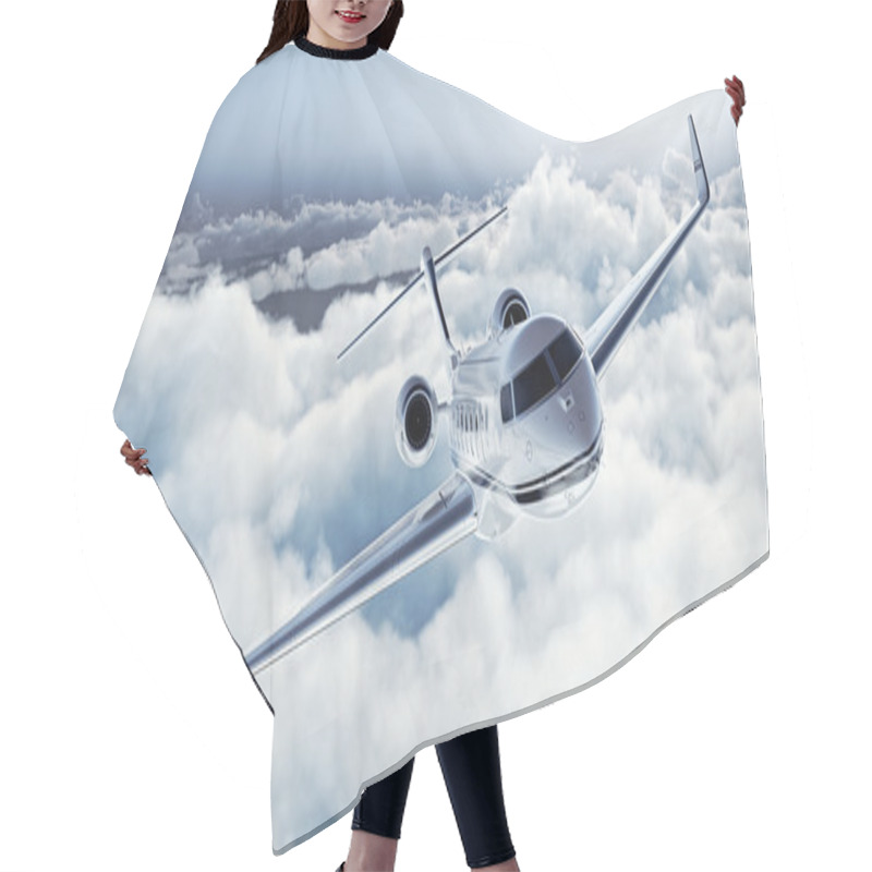 Personality  Realistic Image Of White Luxury Generic Design Private Jet Flying Over The Earth. Empty Blue Sky With White Clouds At Background. Business Travel Concept. Horizontal. 3d Rendering Hair Cutting Cape