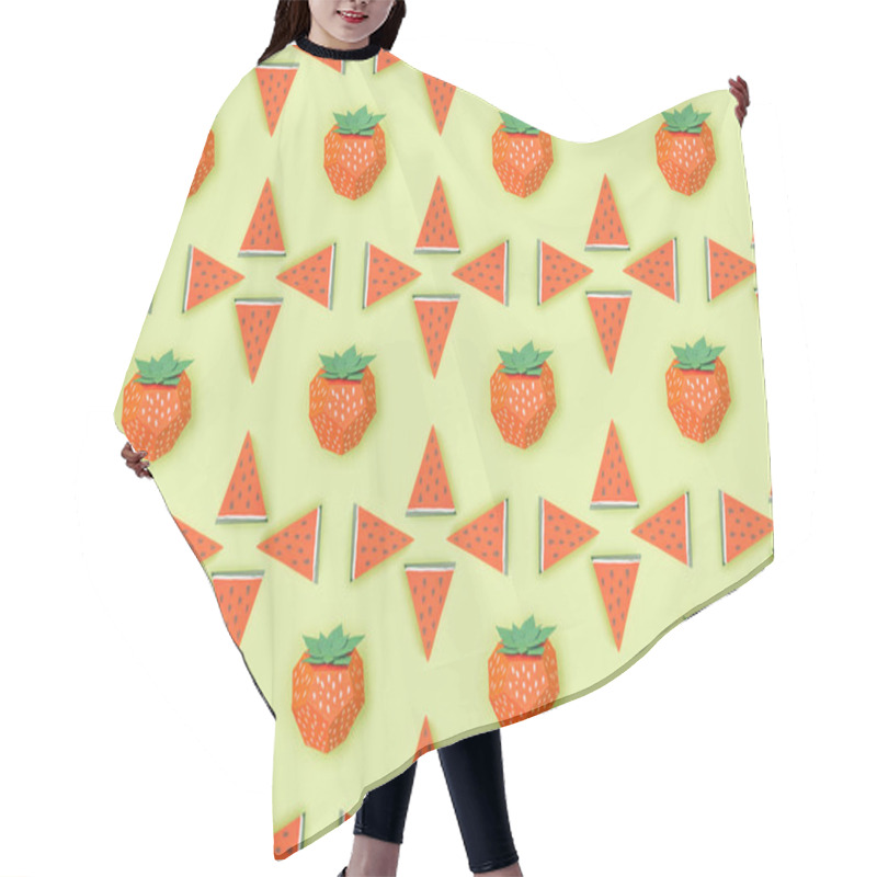 Personality  Top View Of Pattern With Handmade Red Paper Strawberries And Watermelon Slices Isolated On Green Hair Cutting Cape