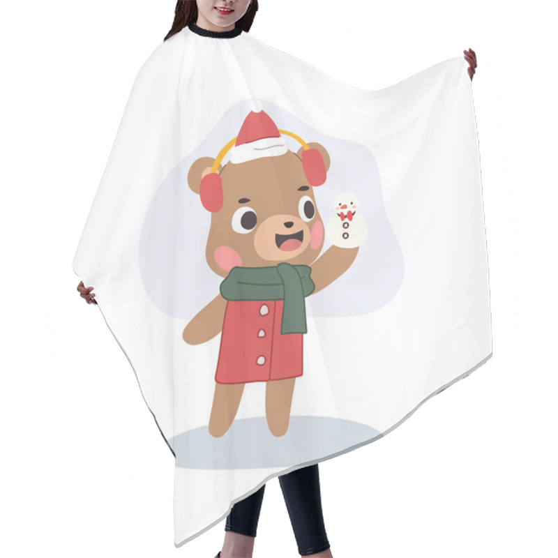 Personality  Cute Bear Cartoon With Snowman In Winter, Adorable Winter Characters And Snow Scene Hair Cutting Cape