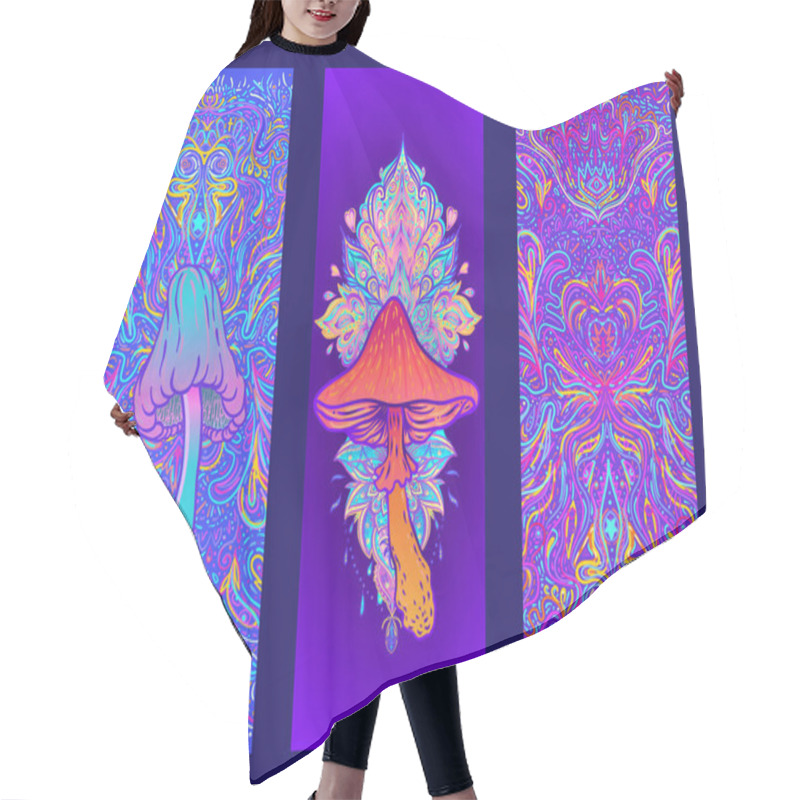 Personality  Magic Mushrooms Mandala. Psychedelic Hallucination. Vibrant Trippy Vector Illustration. 60s Hippie Colorful Art. Hand Drawn Design In Ethnic Indian Style. Mystic Abstract Hippie Yoga Mat Design. Hair Cutting Cape