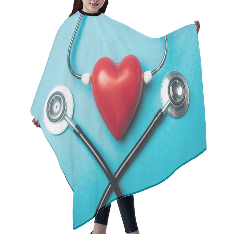 Personality  Top View Of Decorative Heart With Stethoscopes On Blue Background, World Health Day Concept Hair Cutting Cape