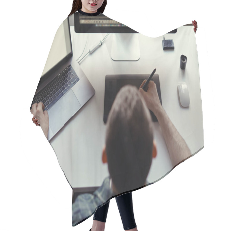 Personality  Man Working On Computer With White Screen At Home Hair Cutting Cape