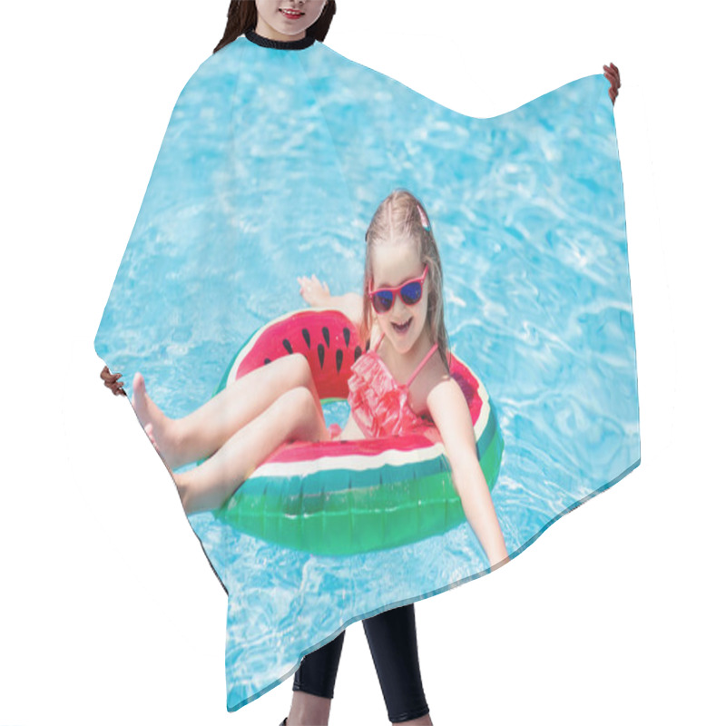 Personality  Child With Watermelon Inflatable Ring In Swimming Pool. Little Girl Learning To Swim In Outdoor Pool Of Tropical Resort. Kid Eye Wear. Water Toys And Floats For Kids. Healthy Sport For Children.  Hair Cutting Cape