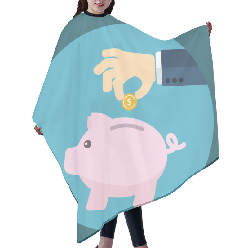 Personality  Vector Piggy Bank Concept In Flat Style - Money Savings , Inserting A Coin Into A Piggy Bank Hair Cutting Cape