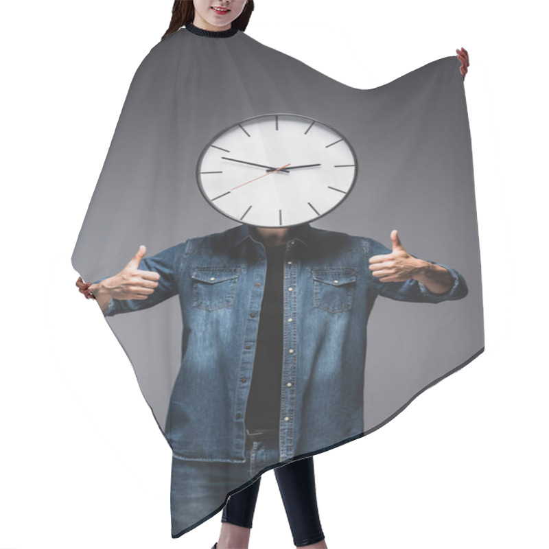 Personality  Man With Clock Near Face Showing Thumbs Up On Grey Background, Concept Of Time Management  Hair Cutting Cape