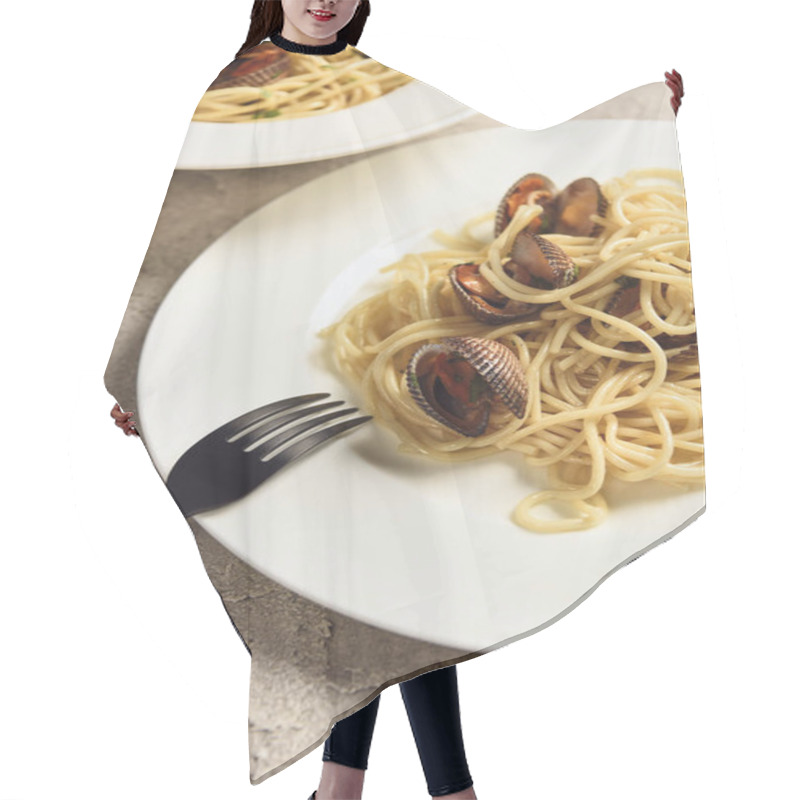 Personality  Close Up View Of Delicious Pasta With Seafood Served In Two White Plates With Fork Hair Cutting Cape