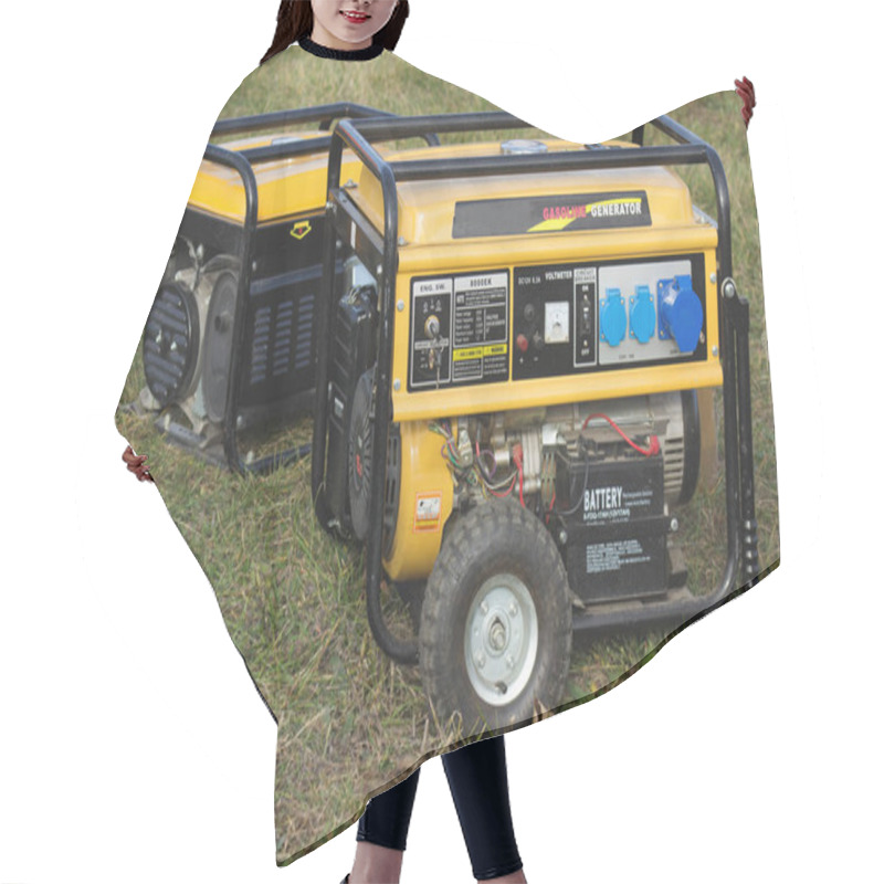 Personality  Yellow Petrol Portable Generator On Wheels, Close-up, Alternator Hair Cutting Cape