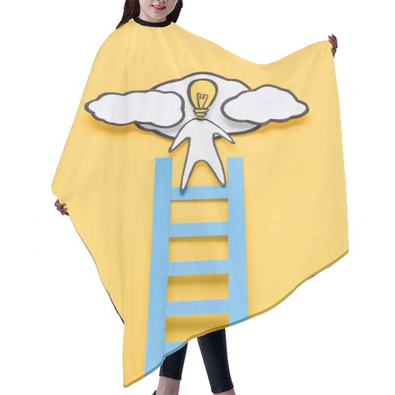 Personality  Top View Of Cardboard Man With Light Bulb Head Climbing Ladder On Yellow Background, Ideas Concept Hair Cutting Cape