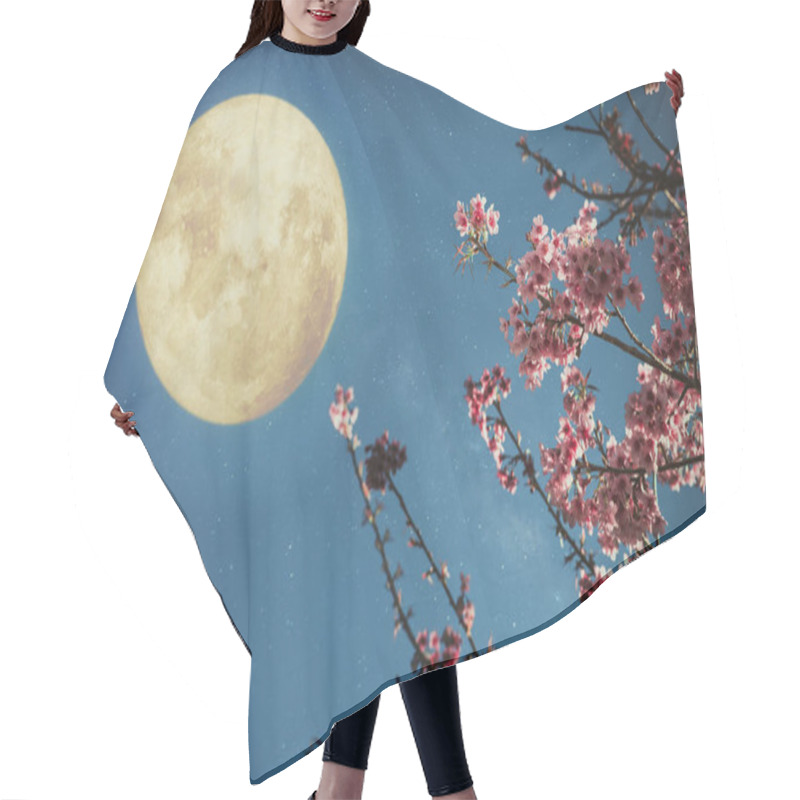 Personality  Romantic Night Scene - Beautiful Cherry Blossom (sakura Flowers) In Night Skies With Full Moon.  - Retro Style Artwork With Vintage Color Tone. Hair Cutting Cape