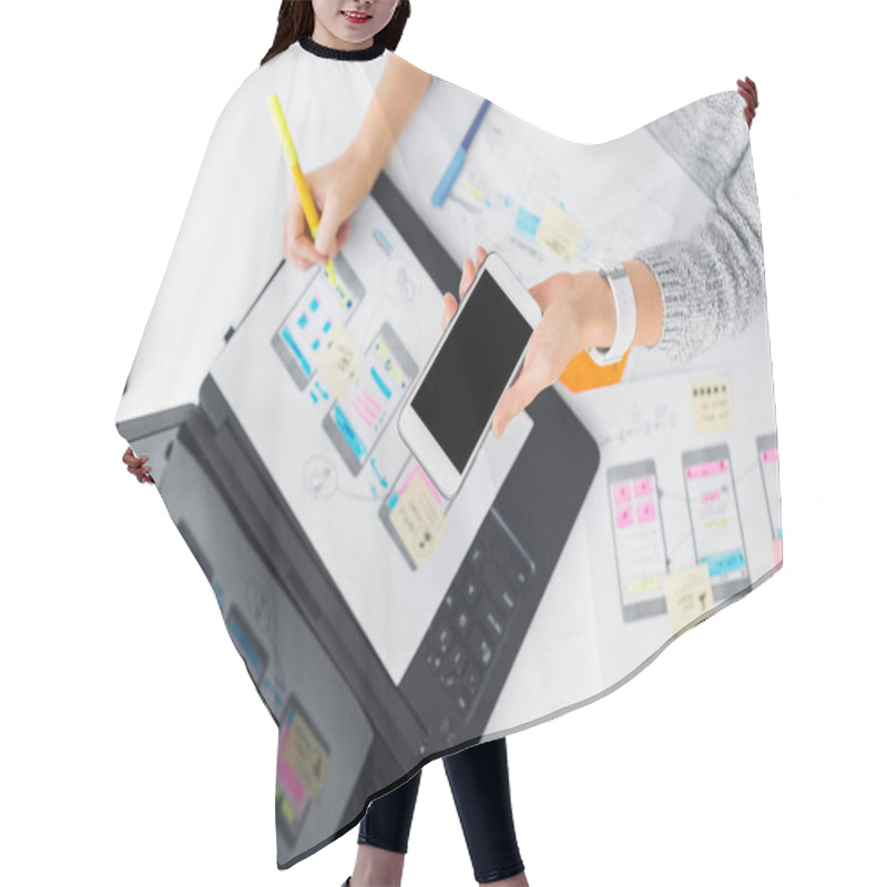 Personality  Designer With Smartphone Working On User Interface Hair Cutting Cape