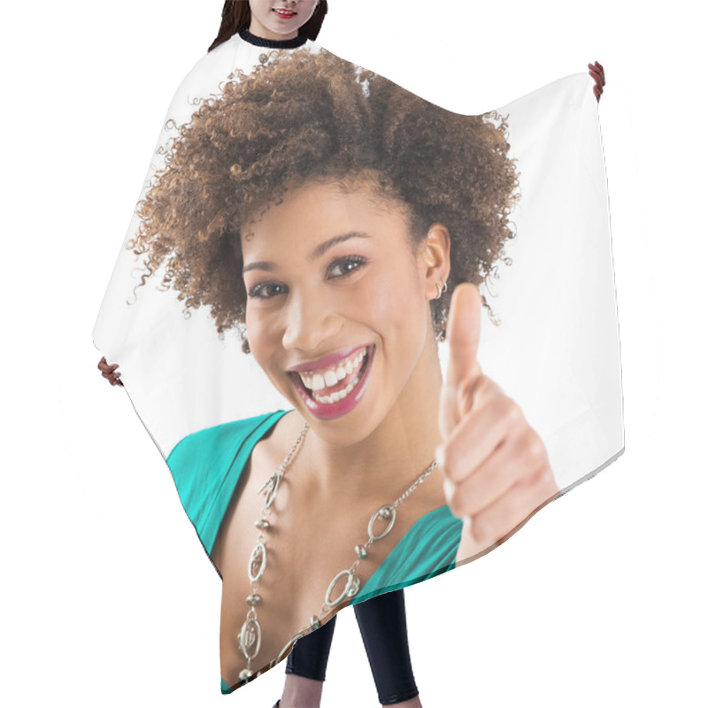 Personality  Portrait Of Young Woman Showing Thumb Up Sign Hair Cutting Cape