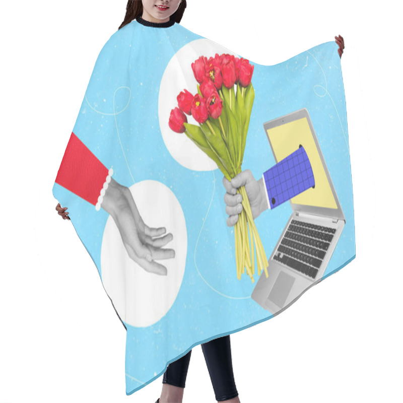 Personality  Collage Photo Of Abstract Online Laptop Internet Hold Bouquet Red Flowers Hand Through Screen Eshopping Isolated On Blue Color Background. Hair Cutting Cape