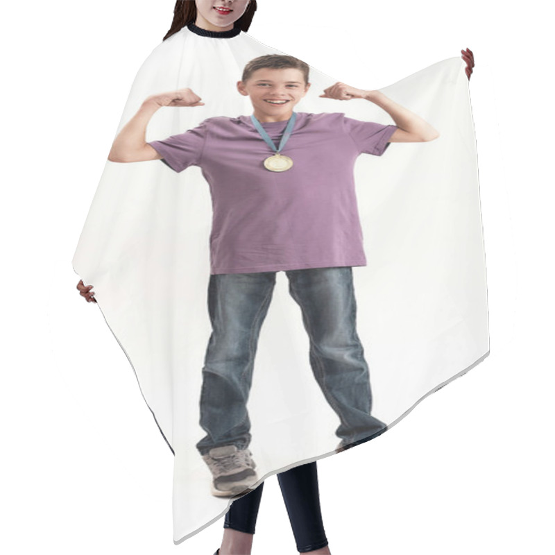 Personality  Full Length Shot Of Happy Teenaged Disabled Boy With Cerebral Palsy Wearing Gold Medal, Smiling At Camera, Raising Clenched Fists, Feeling Strong, Standing Isolated Over White Background Hair Cutting Cape