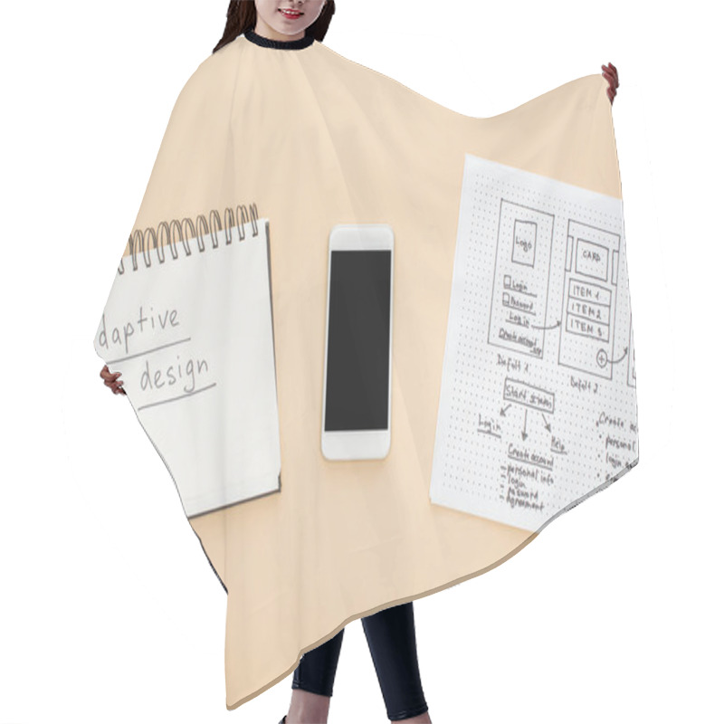 Personality  Top View Of Smartphone Near Website Design Template And Notebook With Adaptive Design Lettering On Beige Background Hair Cutting Cape