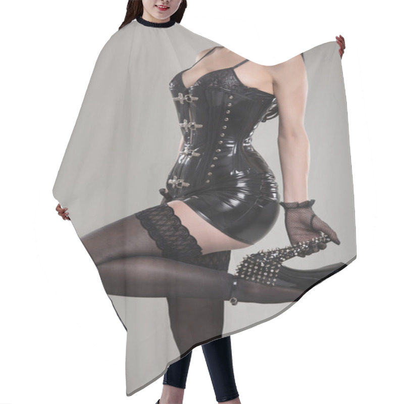 Personality  Woman Wearing Latex Outfit  Hair Cutting Cape