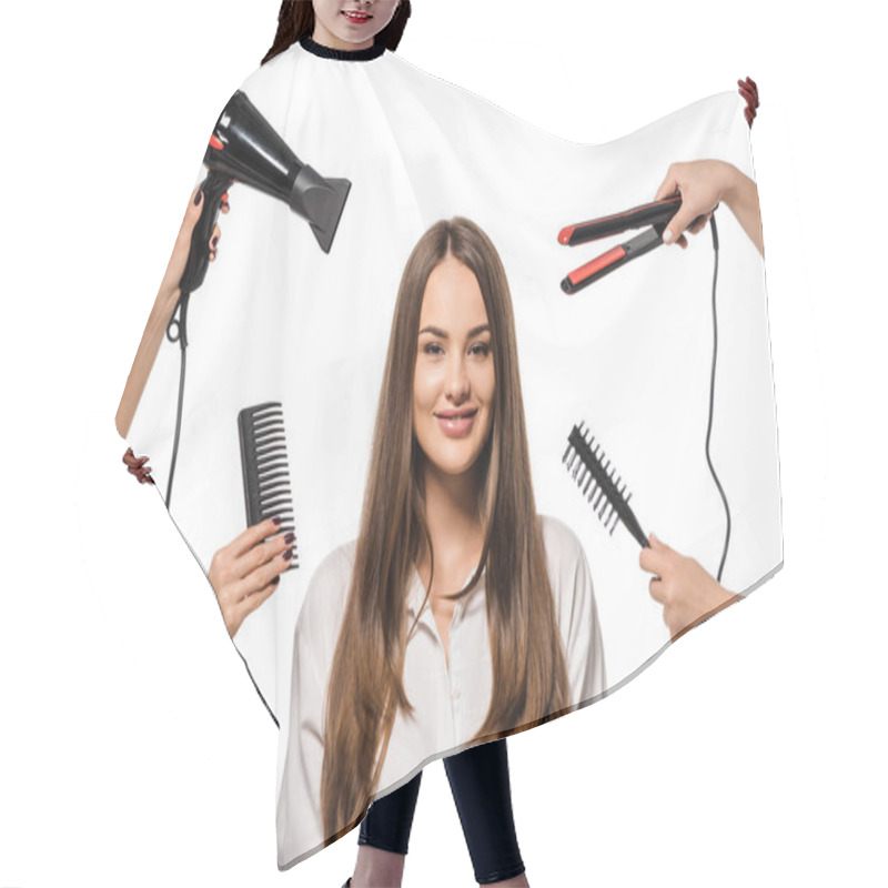 Personality  Women Holding Accessories Of Hairdresser Around Beautiful Girl Looking At Camera Hair Cutting Cape