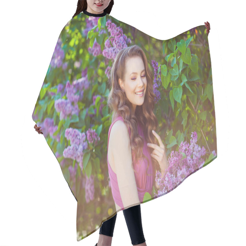 Personality  Young Beautiful Girl Posing Near Lilac Bushes In Blossom Hair Cutting Cape